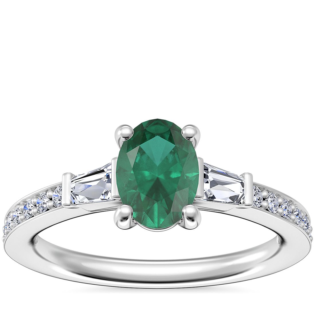 Tapered Baguette Diamond Cathedral Engagement Ring with Oval Emerald in 14k White Gold (7x5mm)