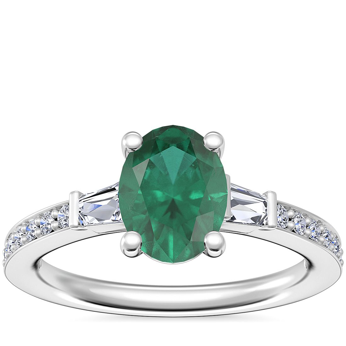 Tapered Baguette Diamond Cathedral Engagement Ring with Oval Emerald in 14k White Gold (8x6mm)