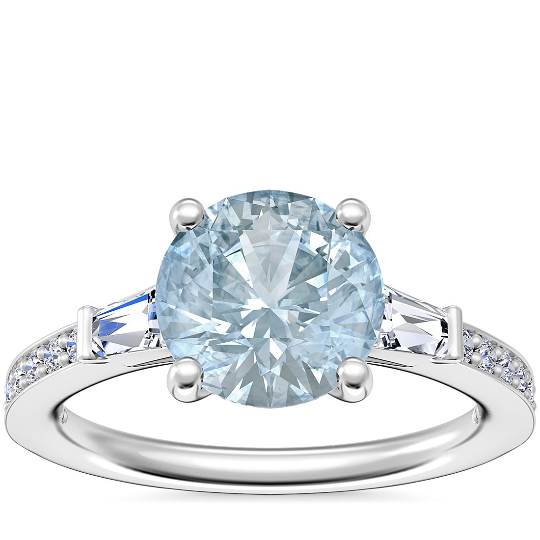 Tapered Baguette Diamond Cathedral Engagement Ring with Round Aquamarine in 14k White Gold (8mm)