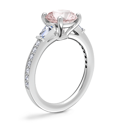 Tapered Baguette Diamond Cathedral Engagement Ring with Round Morganite in 14k White Gold (8mm)