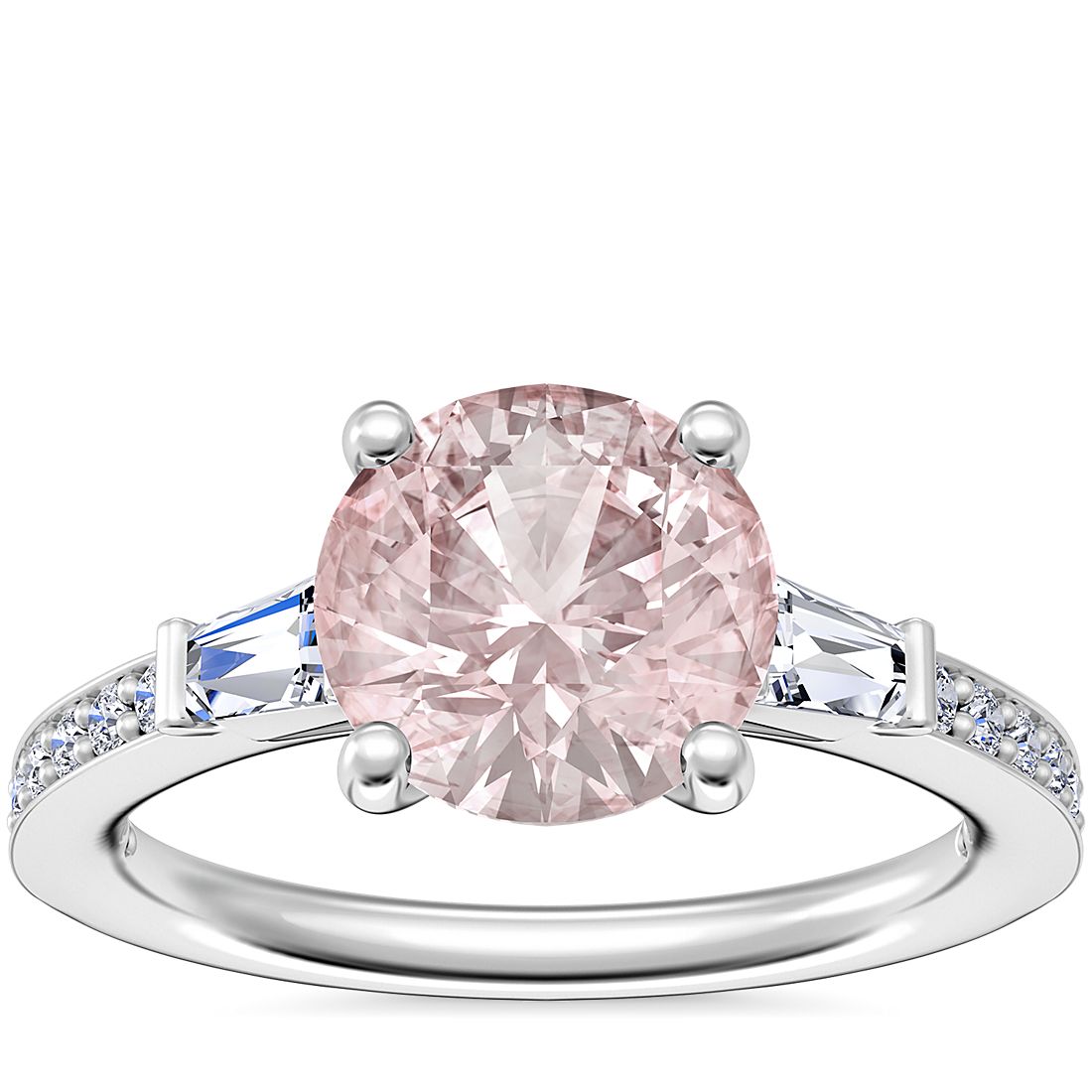 Tapered Baguette Diamond Cathedral Engagement Ring with Round Morganite in 14k White Gold (8mm)