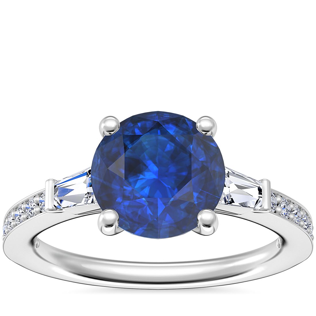 Tapered Baguette Diamond Cathedral Engagement Ring with Round Sapphire in 14k White Gold (8mm)