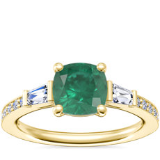 Tapered Baguette Diamond Cathedral Engagement Ring with Cushion Emerald in 14k Yellow Gold (6.5mm)