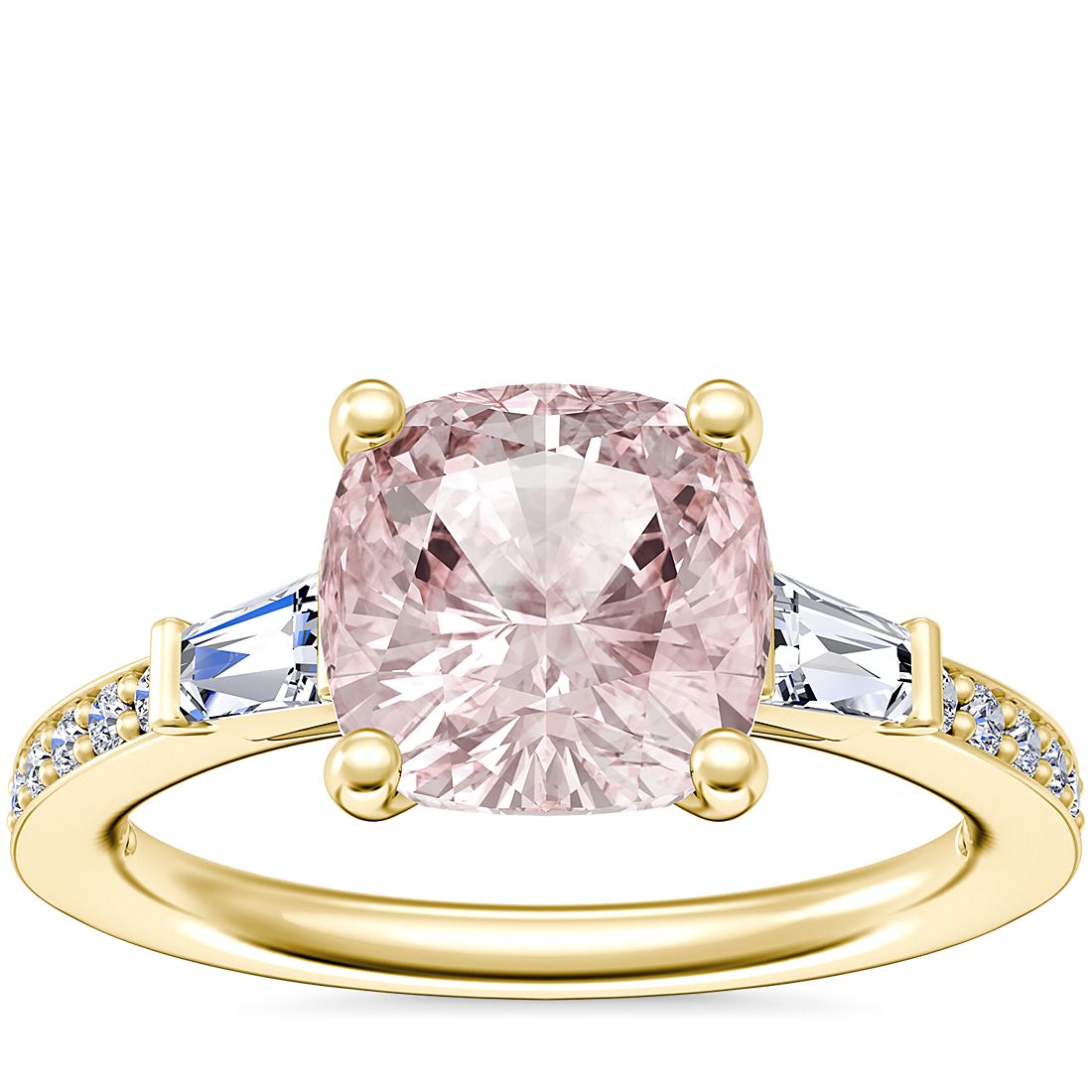 Tapered Baguette Diamond Cathedral Engagement Ring with Cushion Morganite in 14k Yellow Gold (8mm)