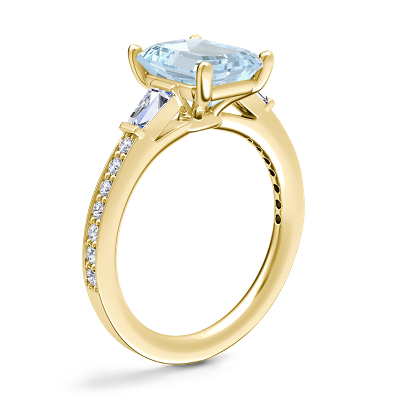 Tapered Baguette Diamond Cathedral Engagement Ring with Emerald-Cut Aquamarine in 14k Yellow Gold (9x7mm)