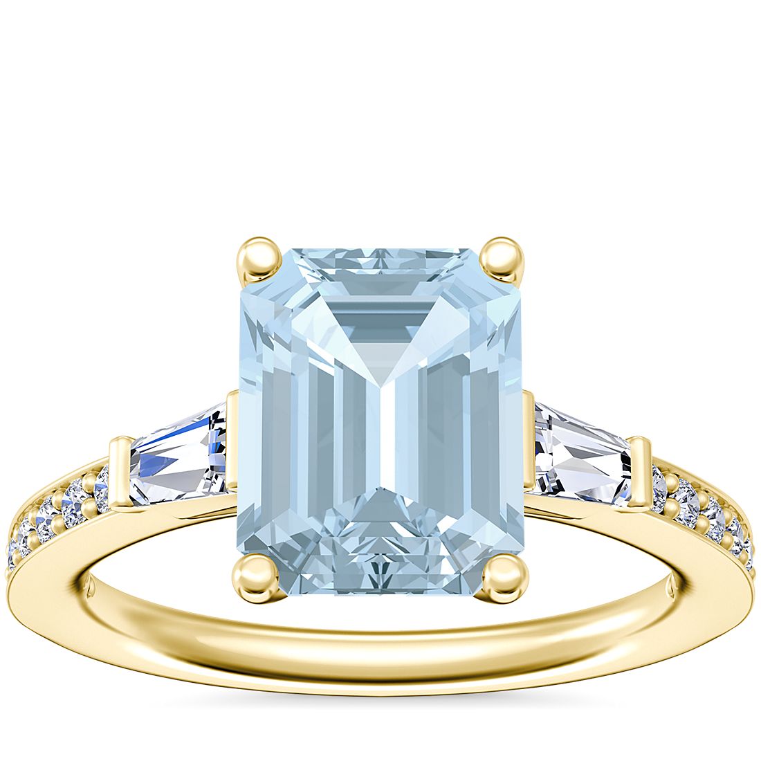 Tapered Baguette Diamond Cathedral Engagement Ring with Emerald-Cut Aquamarine in 14k Yellow Gold (9x7mm)
