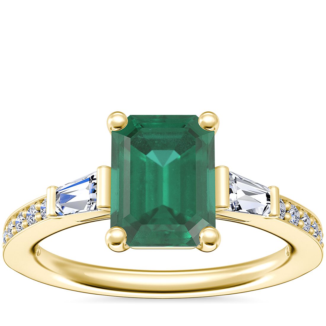 Tapered Baguette Diamond Cathedral Engagement Ring with Emerald-Cut Emerald in 14k Yellow Gold (8x6mm)
