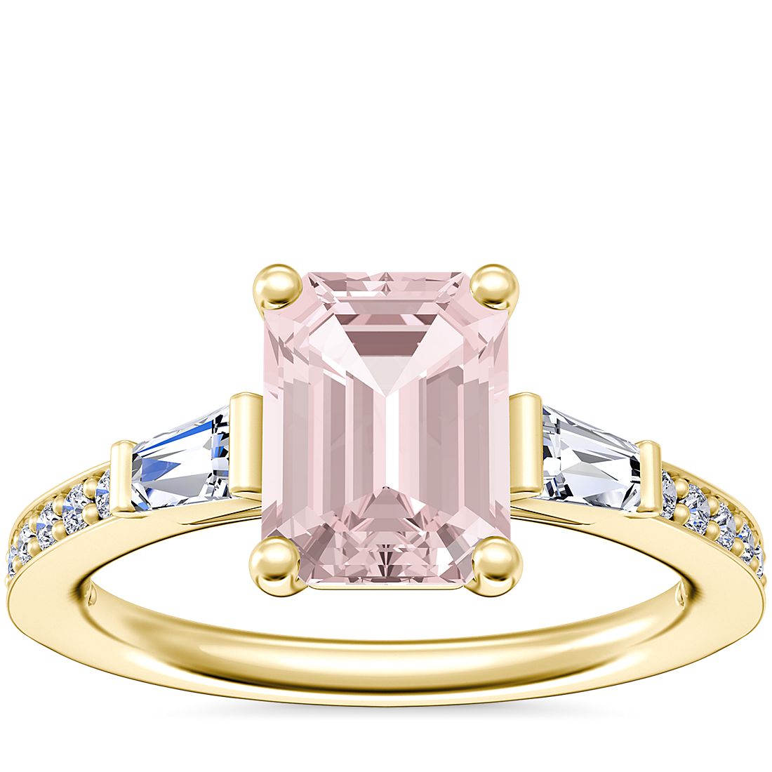Tapered Baguette Diamond Cathedral Engagement Ring with Emerald-Cut Morganite in 14k Yellow Gold (8x6mm)