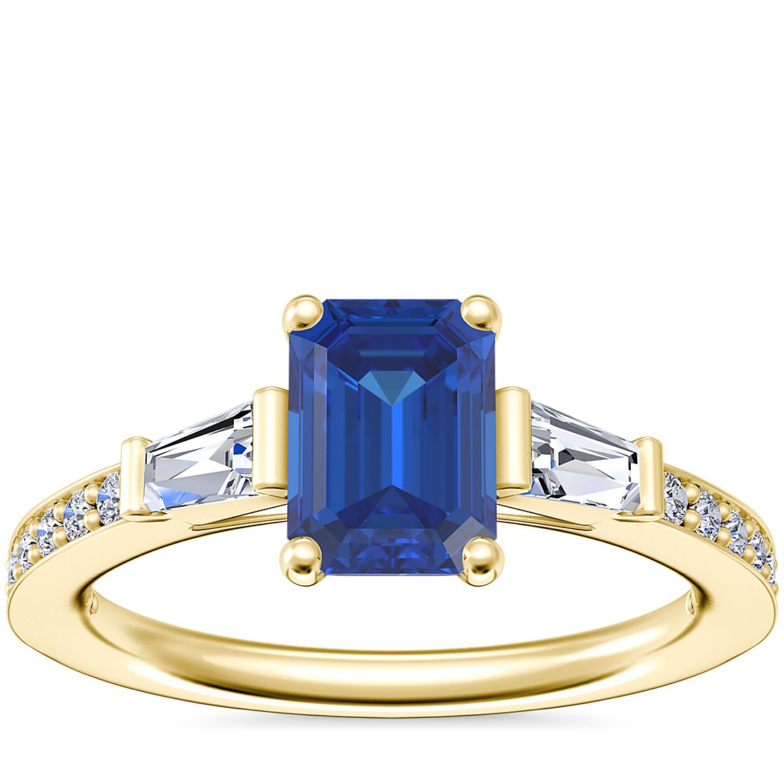 Tapered Baguette Diamond Cathedral Engagement Ring with Emerald-Cut Sapphire in 14k Yellow Gold (7x5mm)