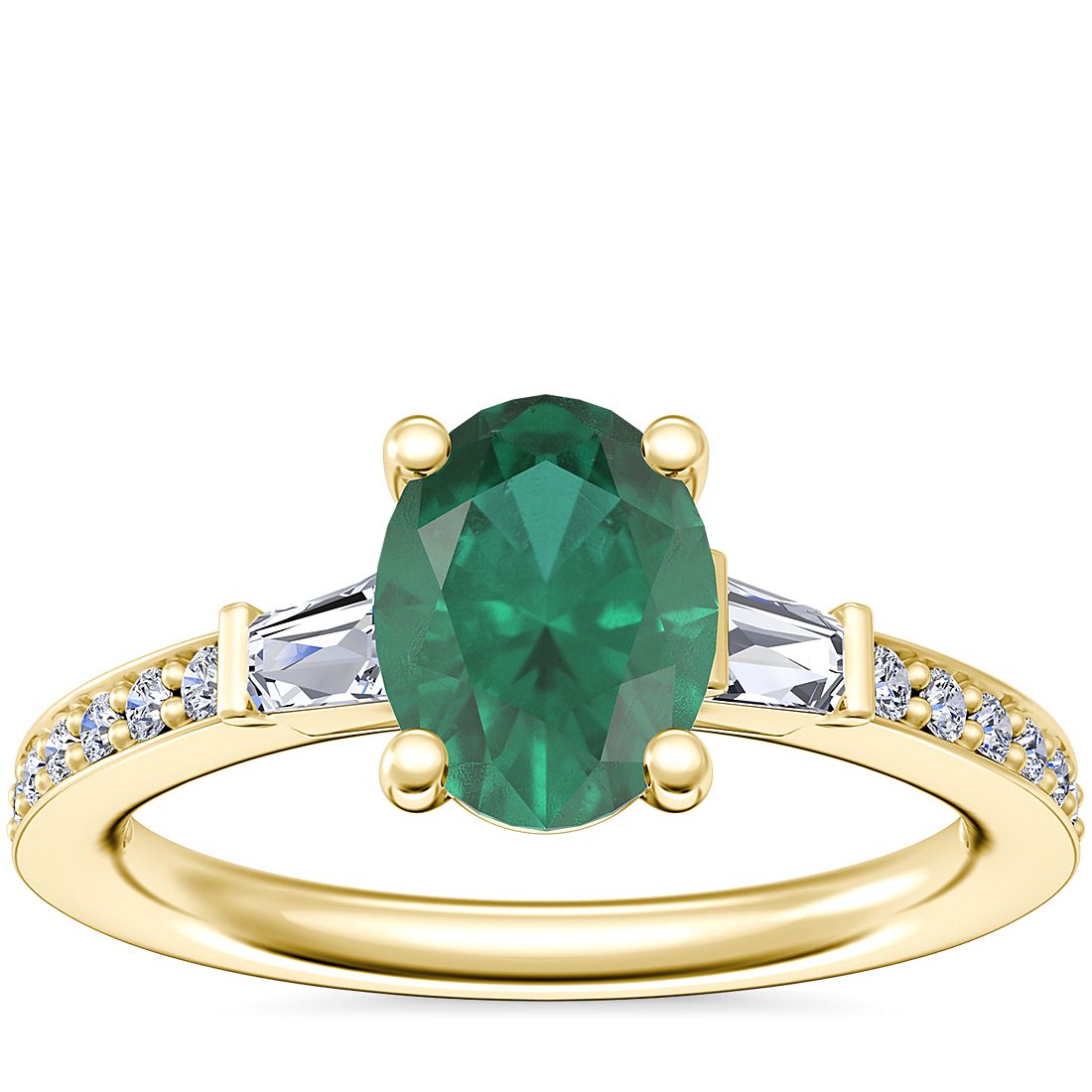 Tapered Baguette Diamond Cathedral Engagement Ring with Oval Emerald in 14k Yellow Gold (8x6mm)