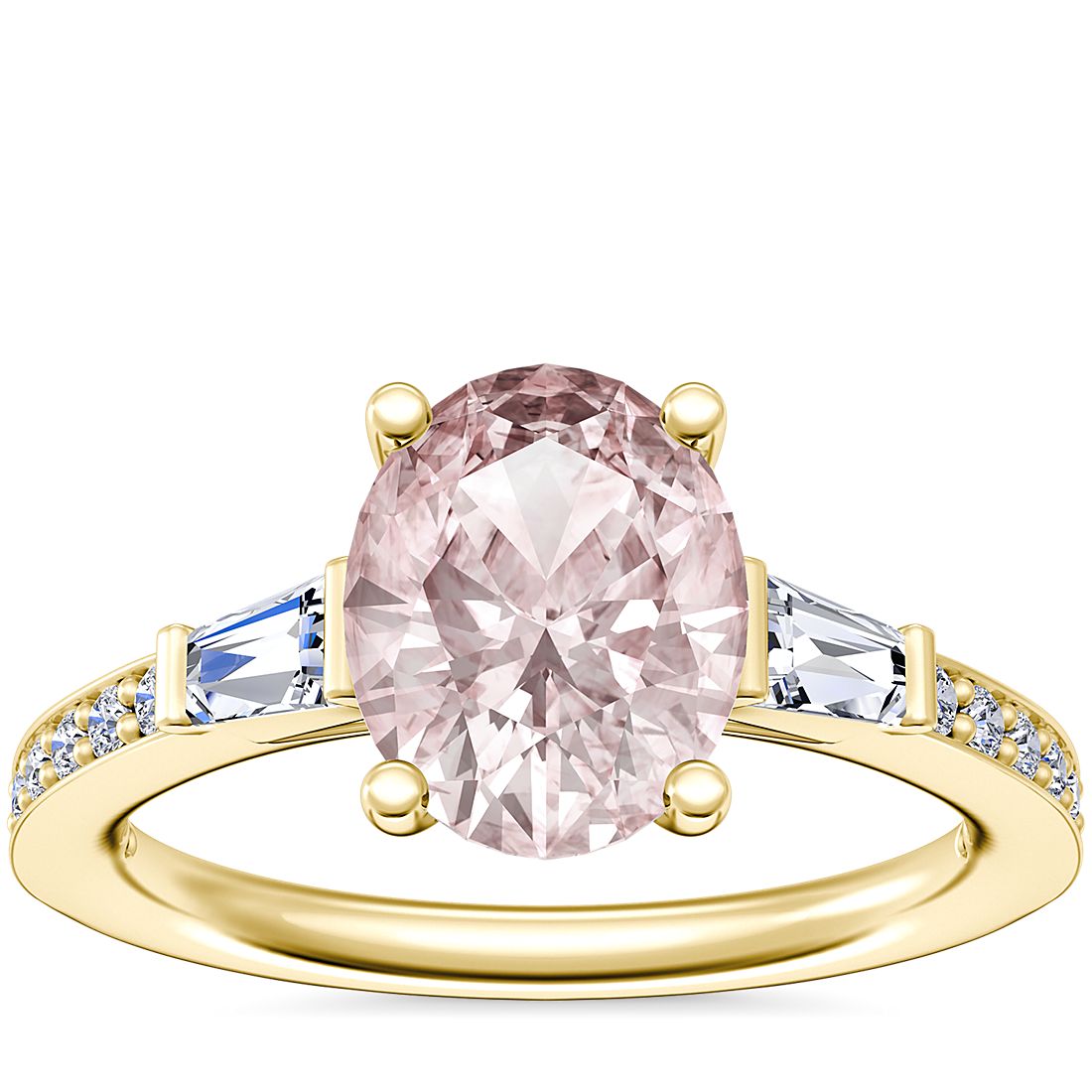 Tapered Baguette Diamond Cathedral Engagement Ring with Oval Morganite in 14k Yellow Gold (9x7mm)