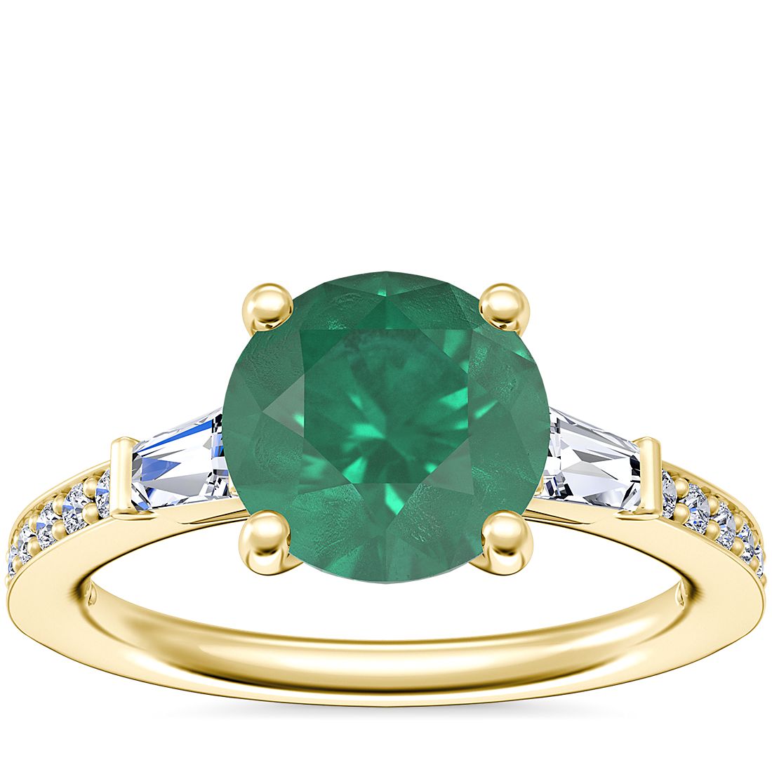 Tapered Baguette Diamond Cathedral Engagement Ringwith Round Emerald in 14k Yellow Gold (8mm)