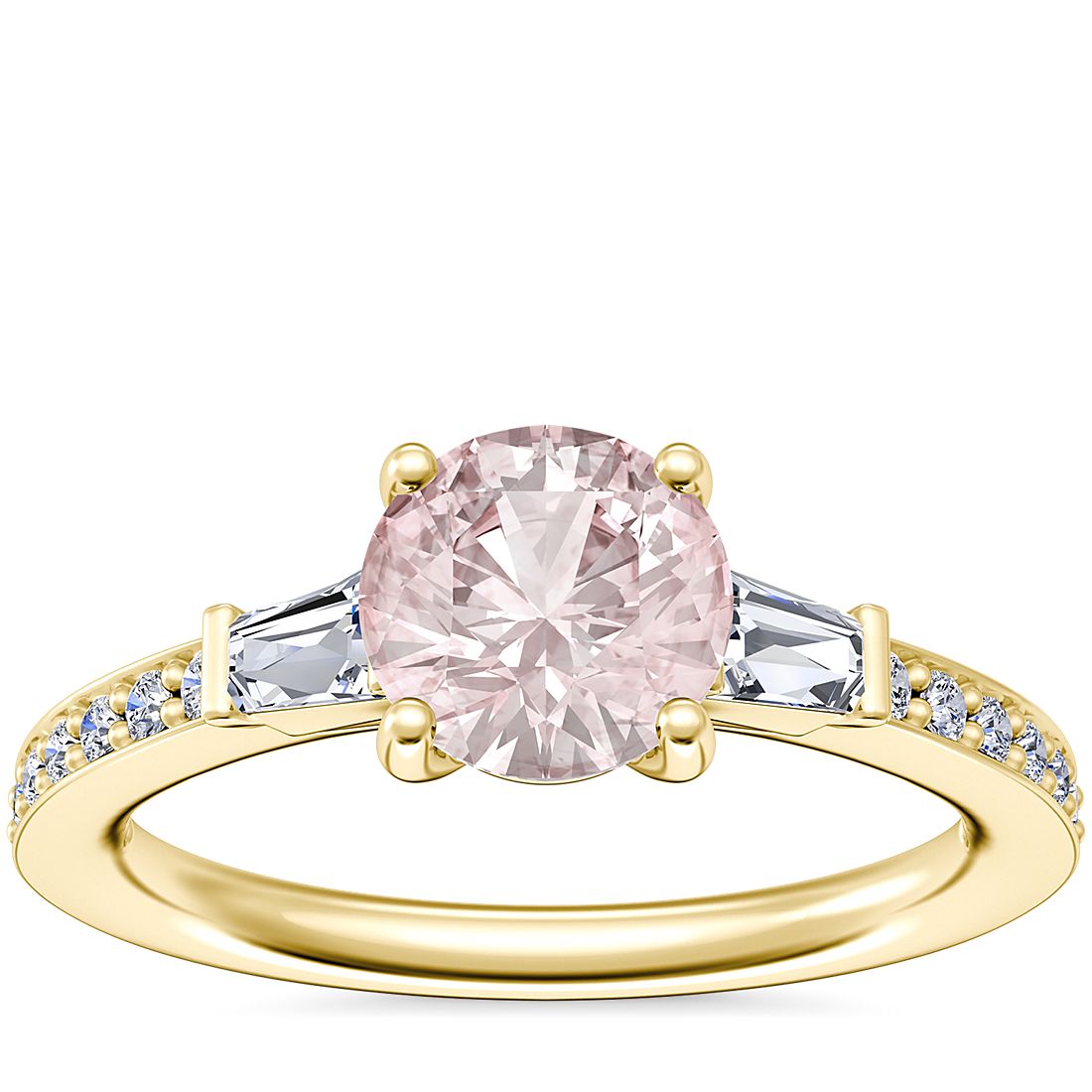 Tapered Baguette Diamond Cathedral Engagement Ring with Round Morganite in 14k Yellow Gold (6.5mm)