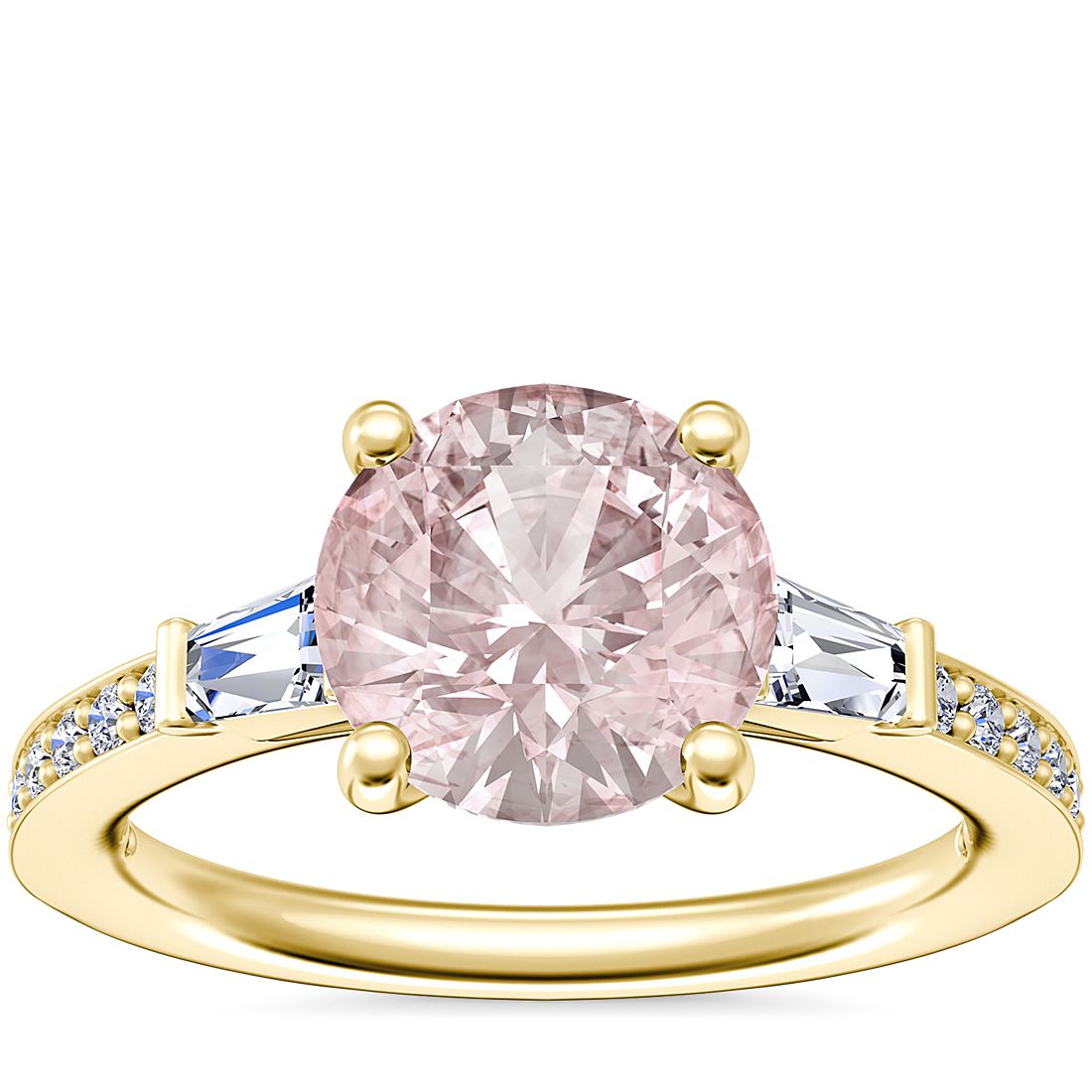 Tapered Baguette Diamond Cathedral Engagement Ring with Round Morganite in 14k Yellow Gold (8mm)