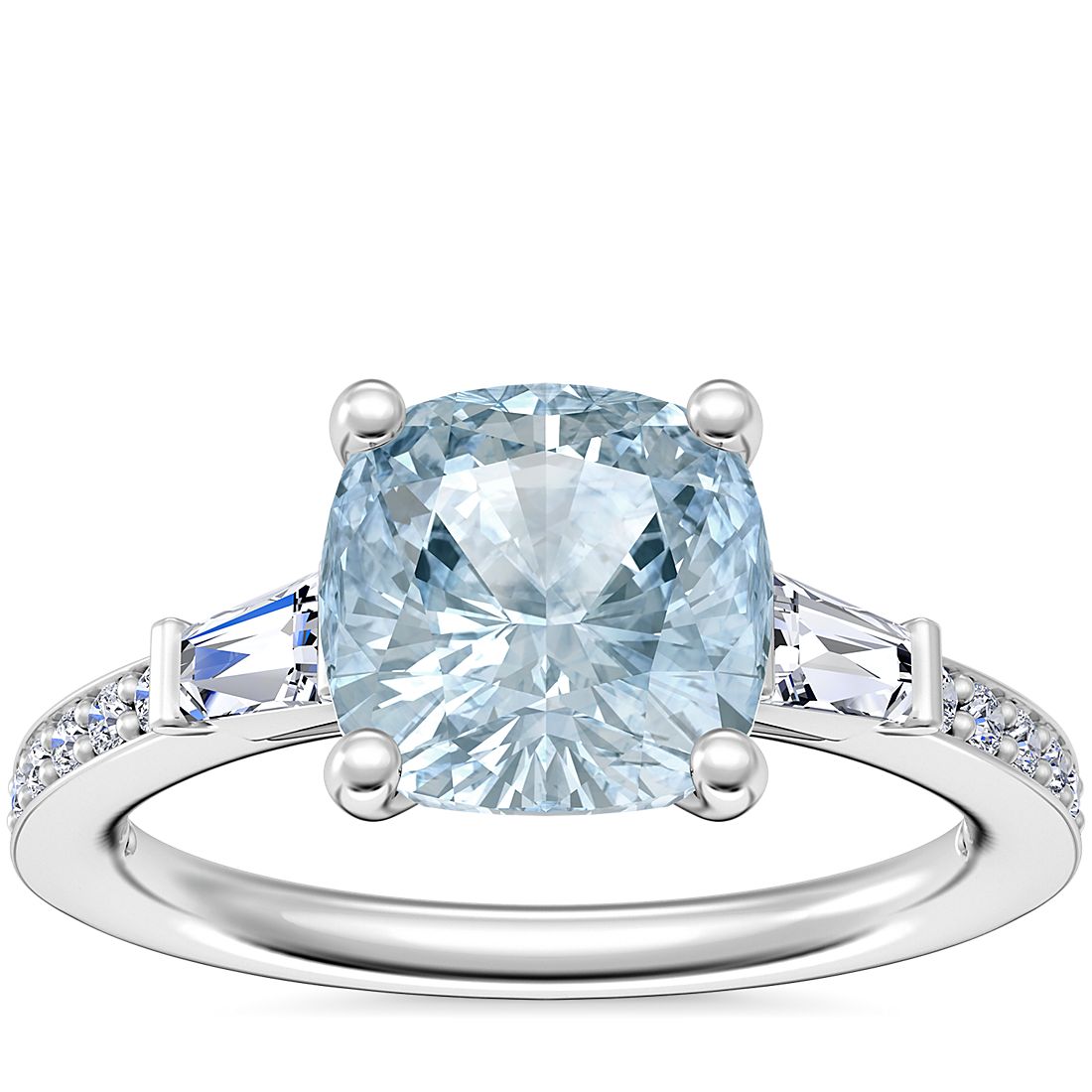 Tapered Baguette Diamond Cathedral Engagement Ring with Cushion Aquamarine in Platinum (8mm)