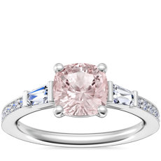 Tapered Baguette Diamond Cathedral Engagement Ring with Cushion Morganite in Platinum (6.5mm)