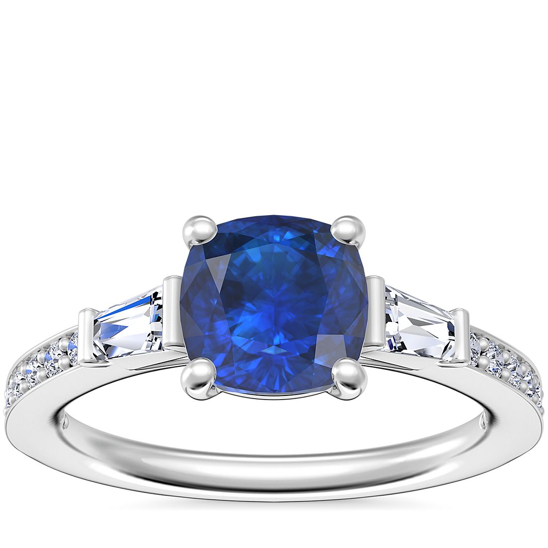 Tapered Baguette Diamond Cathedral Engagement Ring with Cushion Sapphire in Platinum (6mm)