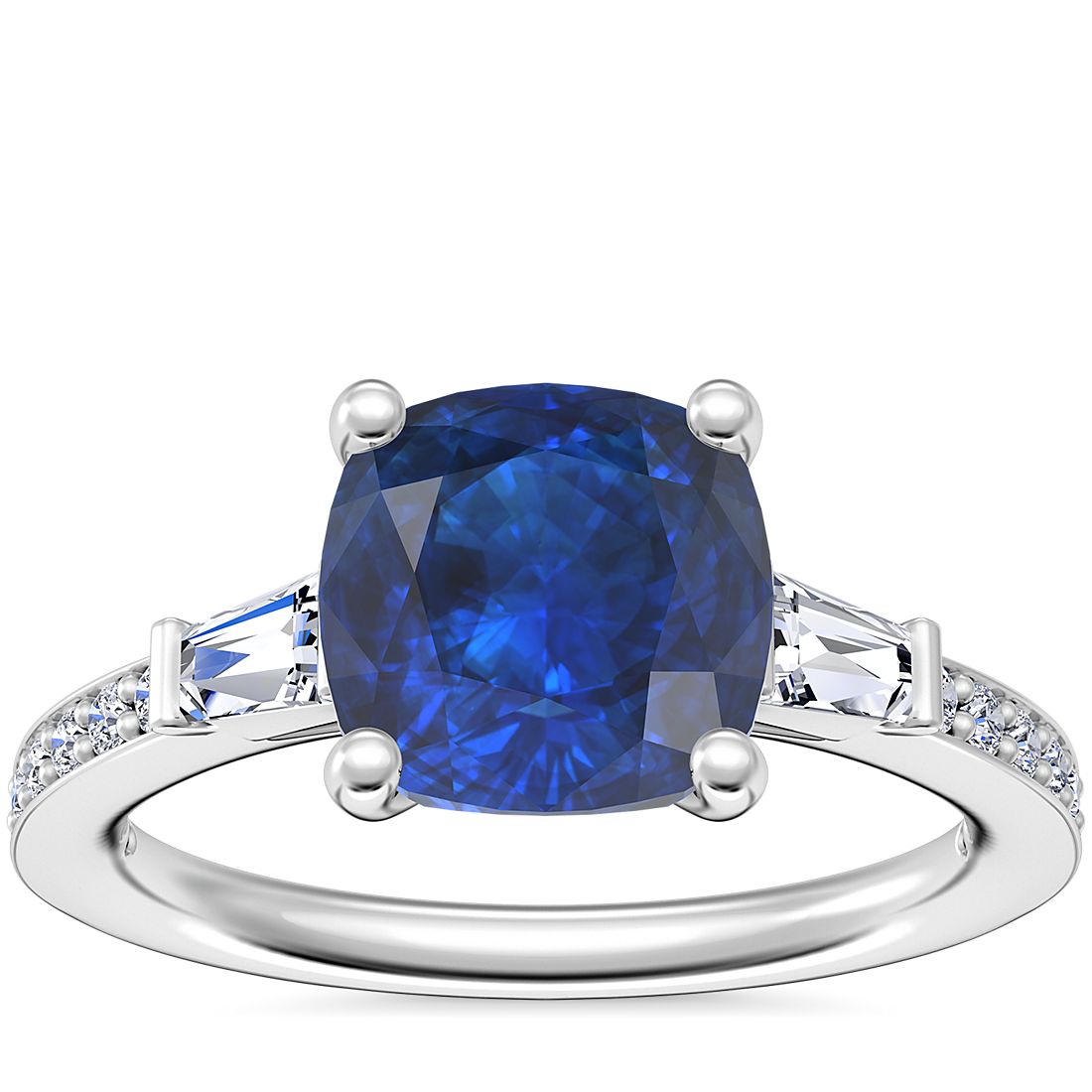 Tapered Baguette Diamond Cathedral Engagement Ring with Cushion Sapphire in Platinum (8mm)