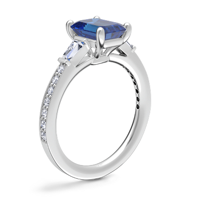 Tapered Baguette Diamond Cathedral Engagement Ring with Emerald-Cut Sapphire in Platinum (8x6mm)