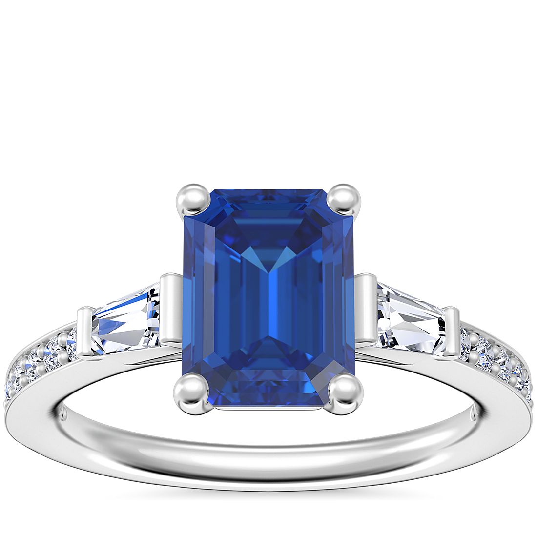 Tapered Baguette Diamond Cathedral Engagement Ring with Emerald-Cut Sapphire in Platinum (8x6mm)