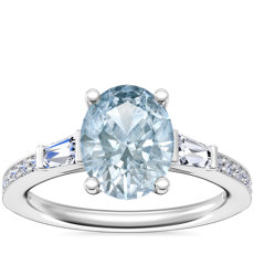 Tapered Baguette Diamond Cathedral Engagement Ring with Oval Aquamarine in Platinum (9x7mm)