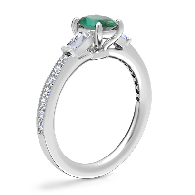 Tapered Baguette Diamond Cathedral Engagement Ring with Oval Emerald in Platinum (7x5mm)