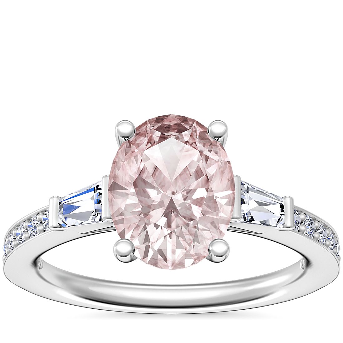 Tapered Baguette Diamond Cathedral Engagement Ring with Oval Morganite in Platinum (9x7mm)