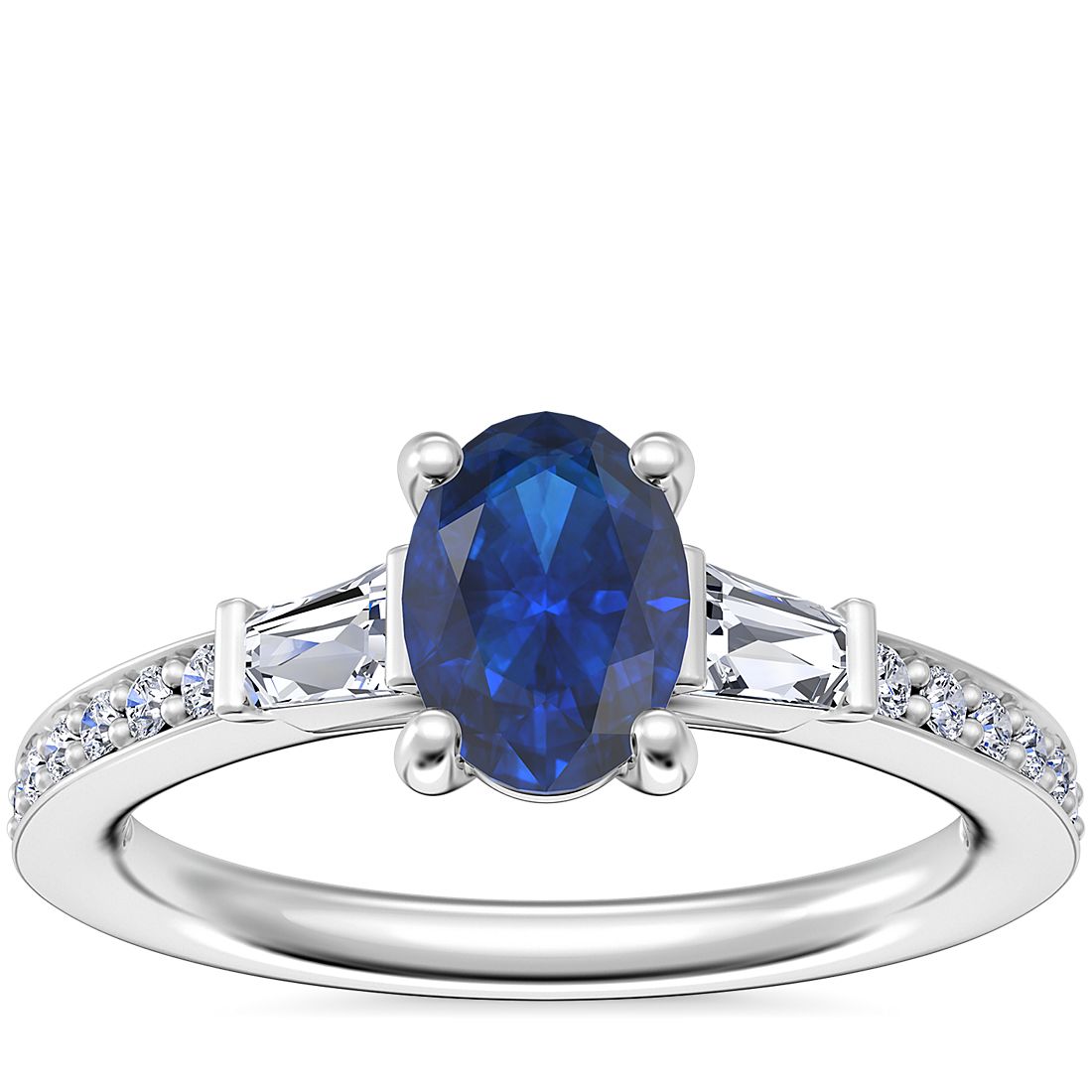 Tapered Baguette Diamond Cathedral Engagement Ring with Oval Sapphire in Platinum (7x5mm)