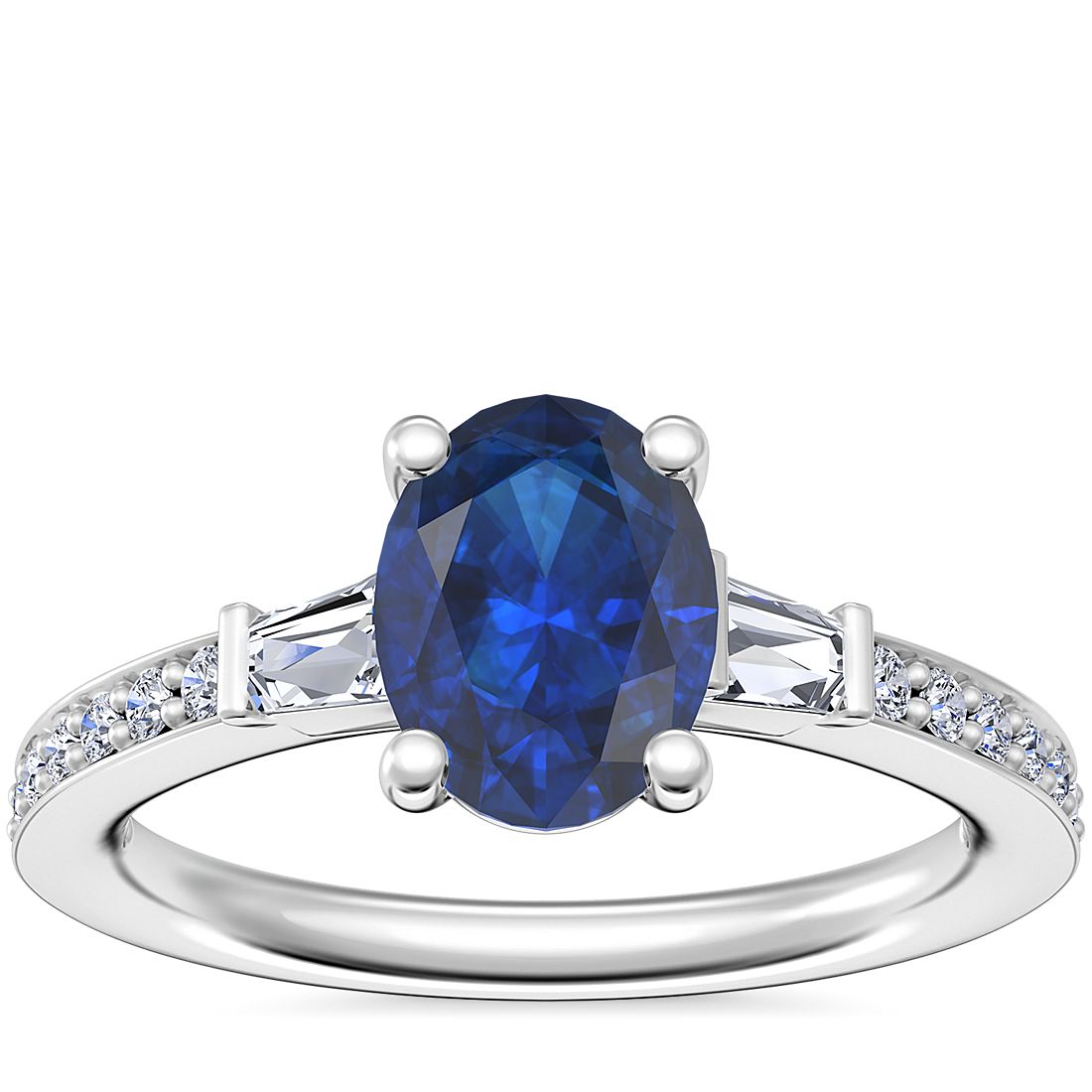 Tapered Baguette Diamond Cathedral Engagement Ring with Oval Sapphire in Platinum (8x6mm)