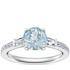 Tapered Baguette Diamond Cathedral Engagement Ring with Round Aquamarine in Platinum (6.5mm)