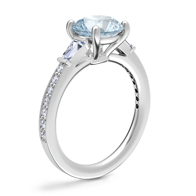 Tapered Baguette Diamond Cathedral Engagement Ring with Round Aquamarine in Platinum (8mm)