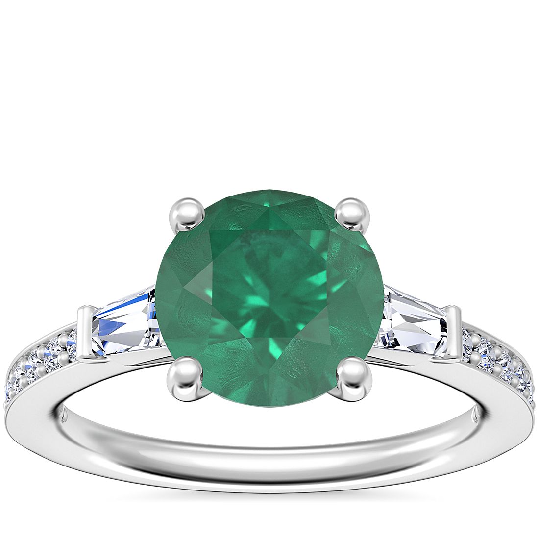 Tapered Baguette Diamond Cathedral Engagement Ringwith Round Emerald in Platinum (8mm)