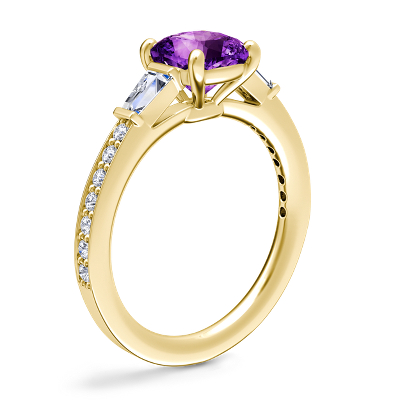Tapered Baguette Diamond Cathedral Engagement Ring with Cushion Amethyst in 14k Yellow Gold (6.5mm)