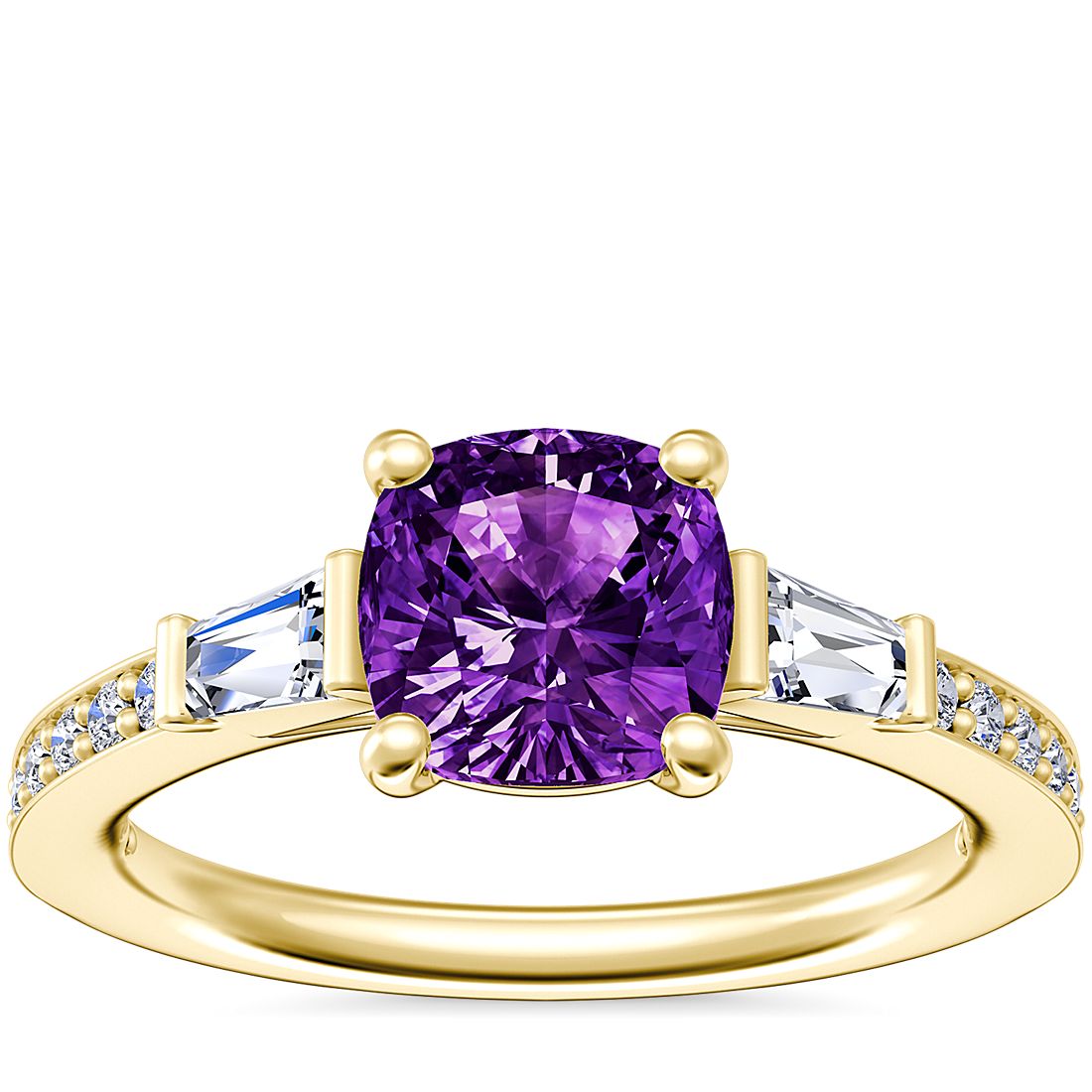 Tapered Baguette Diamond Cathedral Engagement Ring with Cushion Amethyst in 14k Yellow Gold (6.5mm)