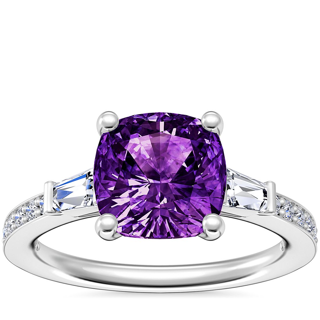 Tapered Baguette Diamond Cathedral Engagement Ring with Cushion Amethyst in Platinum (8mm)