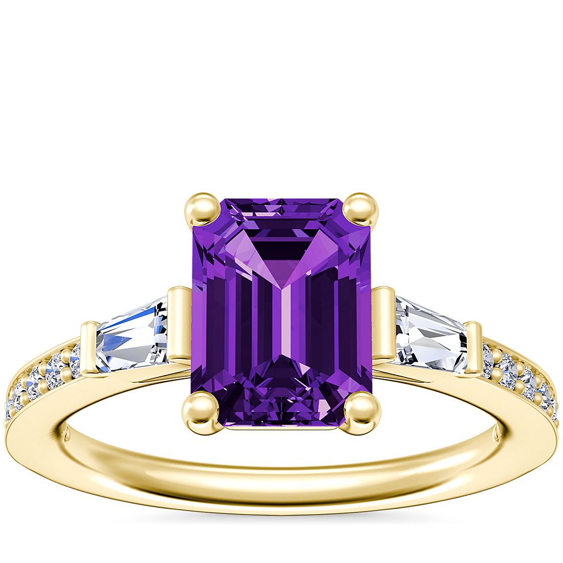 Tapered Baguette Diamond Cathedral Engagement Ring with Emerald-Cut Amethyst in 14k Yellow Gold (8x6mm)