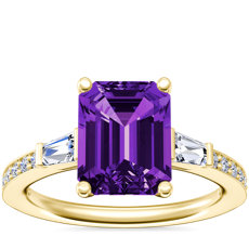 NEW Tapered Baguette Diamond Cathedral Engagement Ring with Emerald-Cut Amethyst in 14k Yellow Gold (9x7mm)
