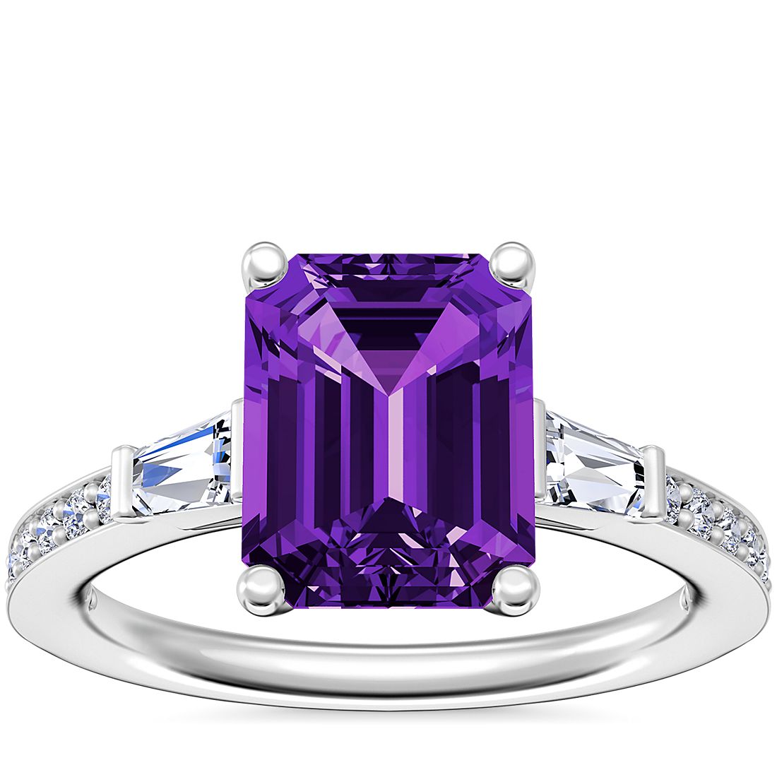 Tapered Baguette Diamond Cathedral Engagement Ring with Emerald-Cut Amethyst in Platinum (9x7mm)