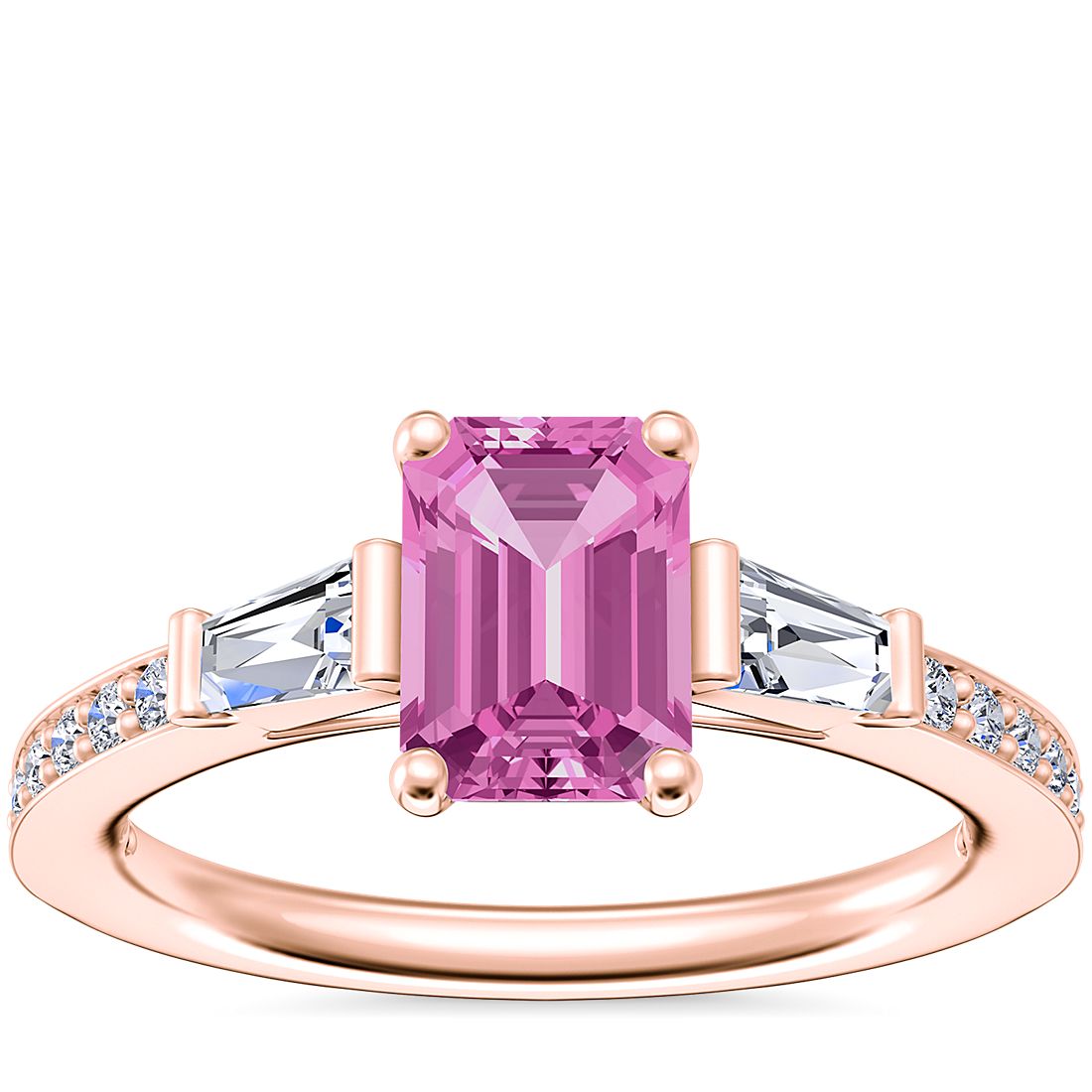 Tapered Baguette Diamond Cathedral Engagement Ring with Emerald-Cut Pink Sapphire in 14k Rose Gold (7x5mm)