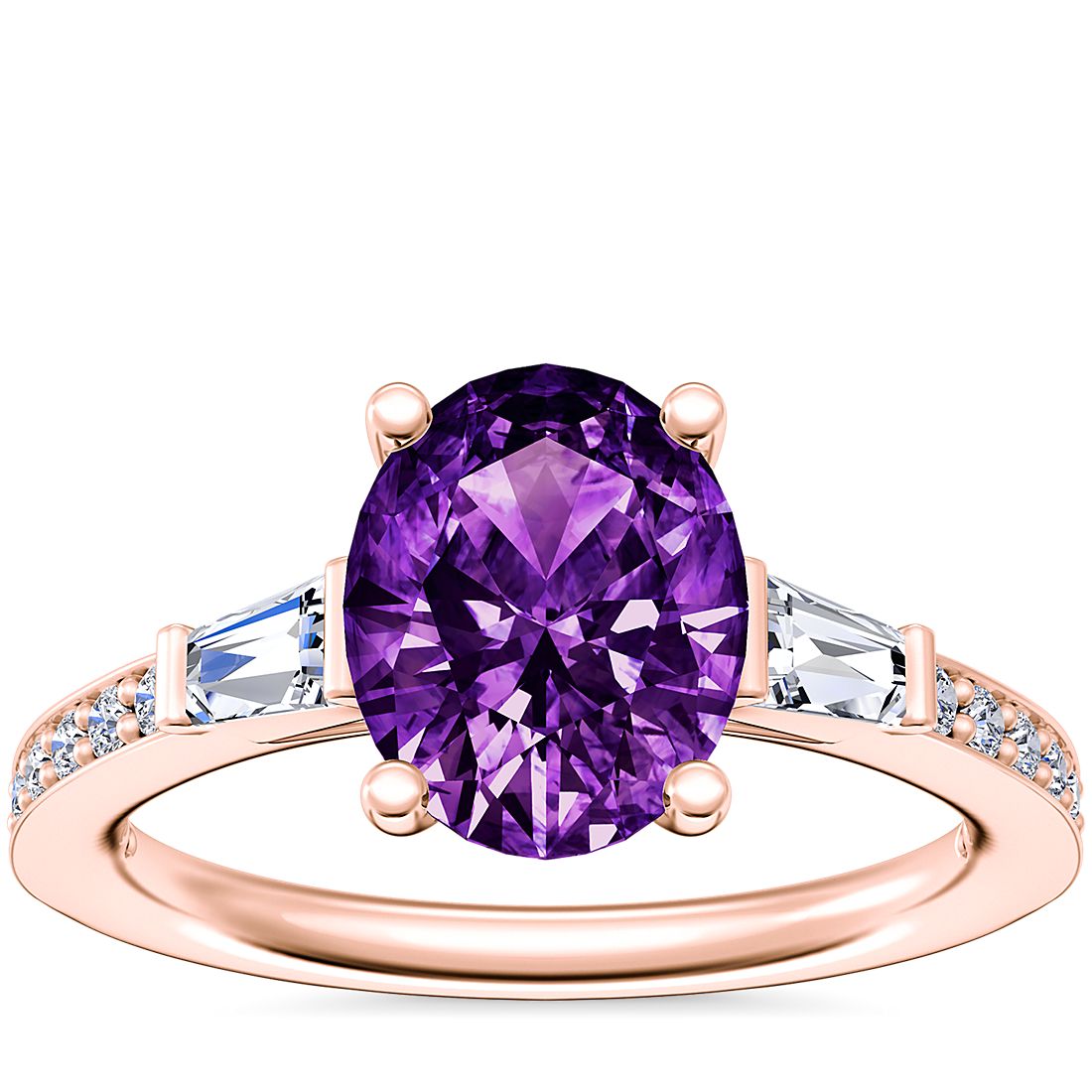 Tapered Baguette Diamond Cathedral Engagement Ring with Oval Amethyst in 14k Rose Gold (9x7mm)