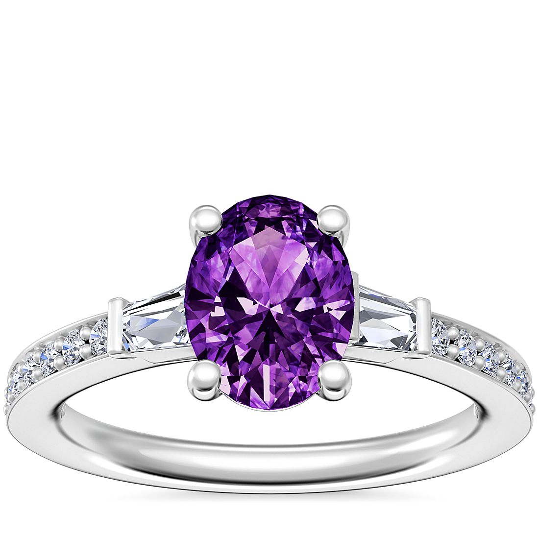 Tapered Baguette Diamond Cathedral Engagement Ring with Oval Amethyst in 14k White Gold (8x6mm)