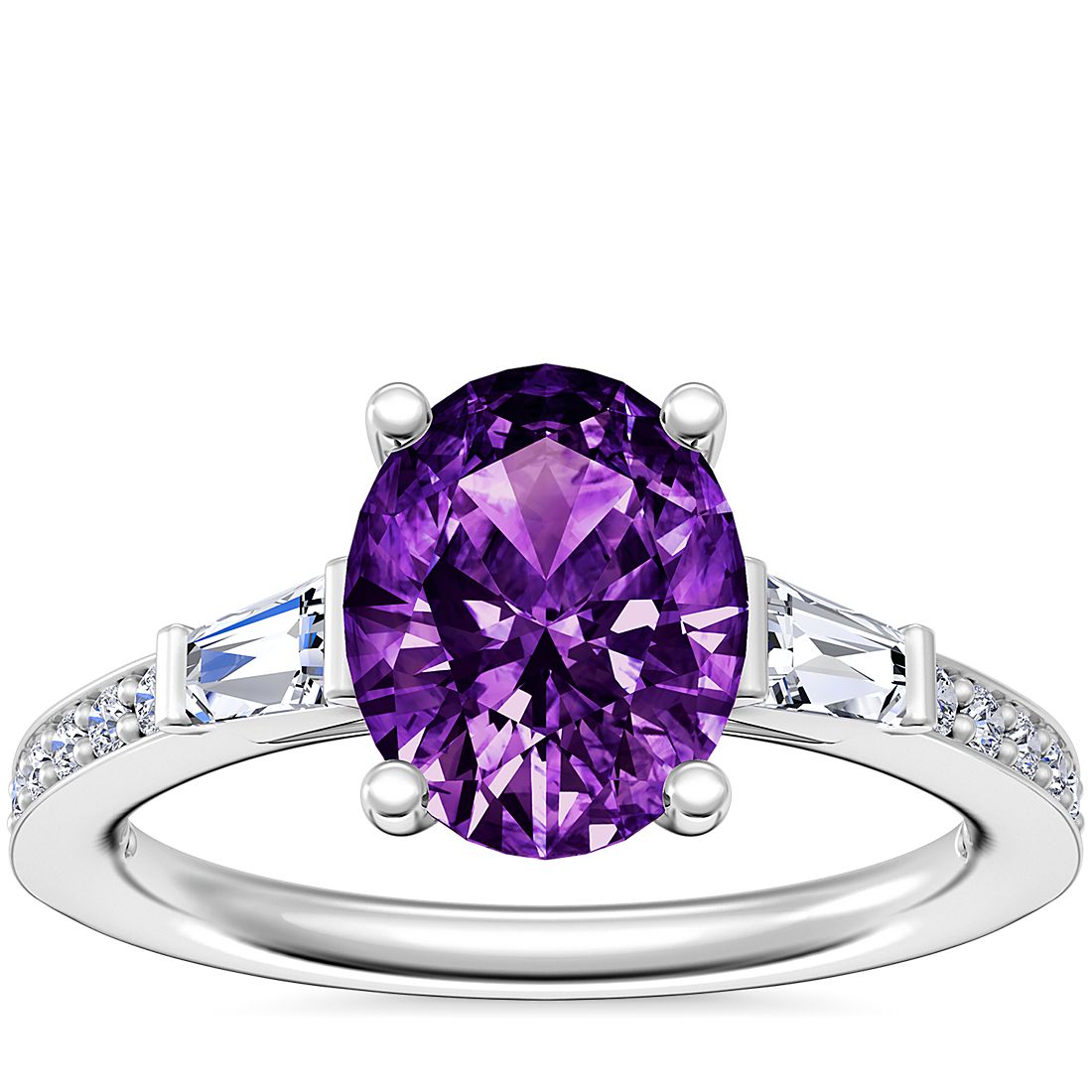 Tapered Baguette Diamond Cathedral Engagement Ring with Oval Amethyst in 14k White Gold (9x7mm)