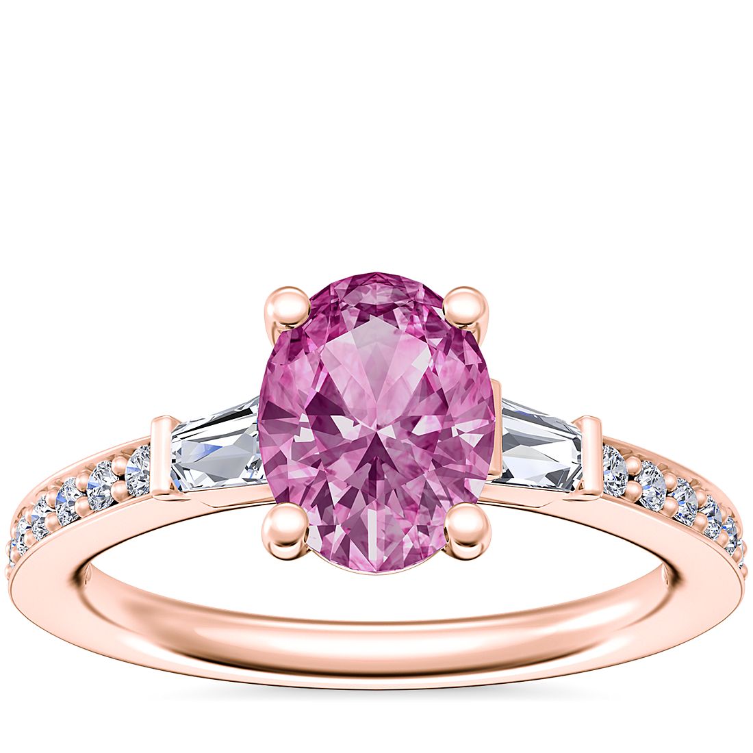 Tapered Baguette Diamond Cathedral Engagement Ring with Oval Pink Sapphire in 14k Rose Gold (8x6mm)