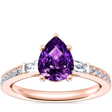 NEW Tapered Baguette Diamond Cathedral Engagement Ring with Pear-Shaped Amethyst in 14k Rose Gold (8x6mm)
