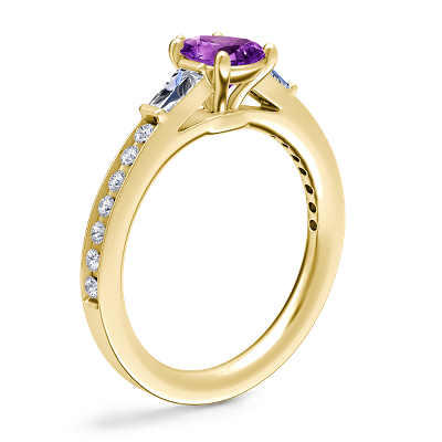 Tapered Baguette Diamond Cathedral Engagement Ring with Pear-Shaped Amethyst in 14k Yellow Gold (7x5mm)