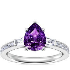 NEW Tapered Baguette Diamond Cathedral Engagement Ring with Pear-Shaped Amethyst in 18k White Gold (8x6mm)