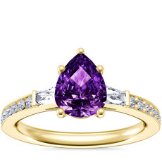 NEW Tapered Baguette Diamond Cathedral Engagement Ring with Pear-Shaped Amethyst in 18k Yellow Gold (8x6mm)