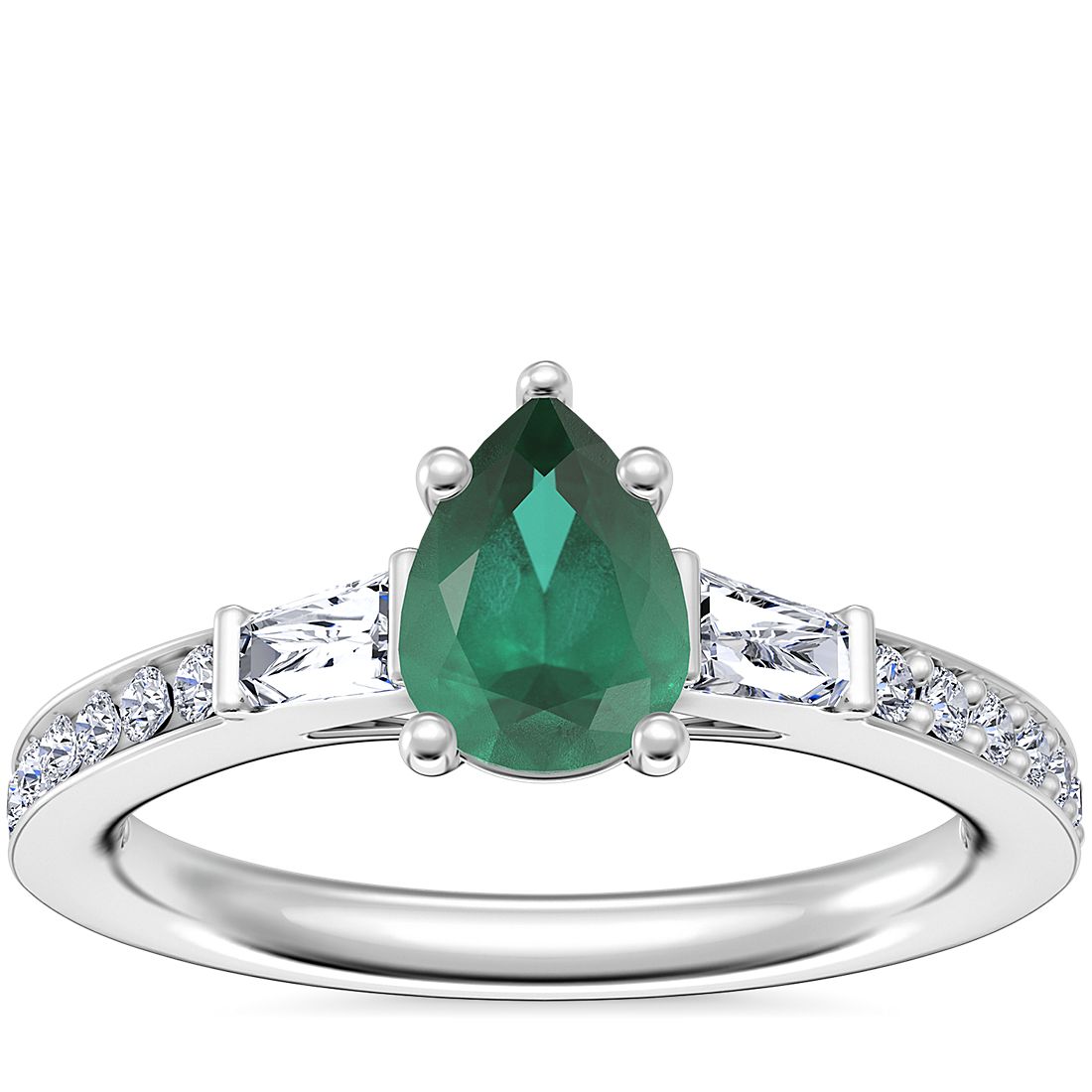Jabeth Wilson Buitengewoon mineraal Tapered Baguette Diamond Cathedral Engagement Ring with Pear-Shaped Emerald  in Platinum (7x5mm) | Blue Nile