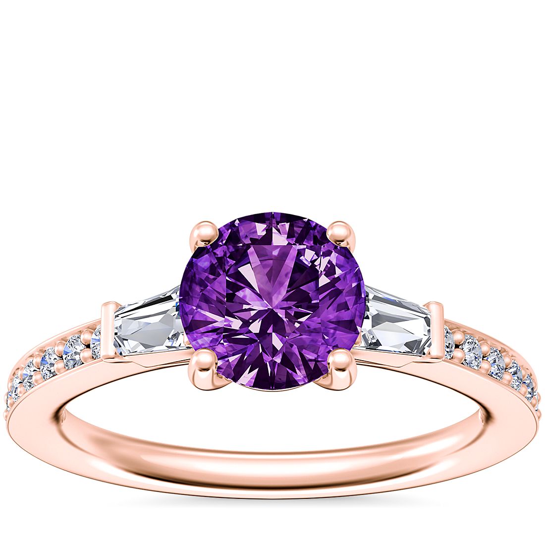 Tapered Baguette Diamond Cathedral Engagement Ring with Round Amethyst in 14k Rose Gold (6.5mm)