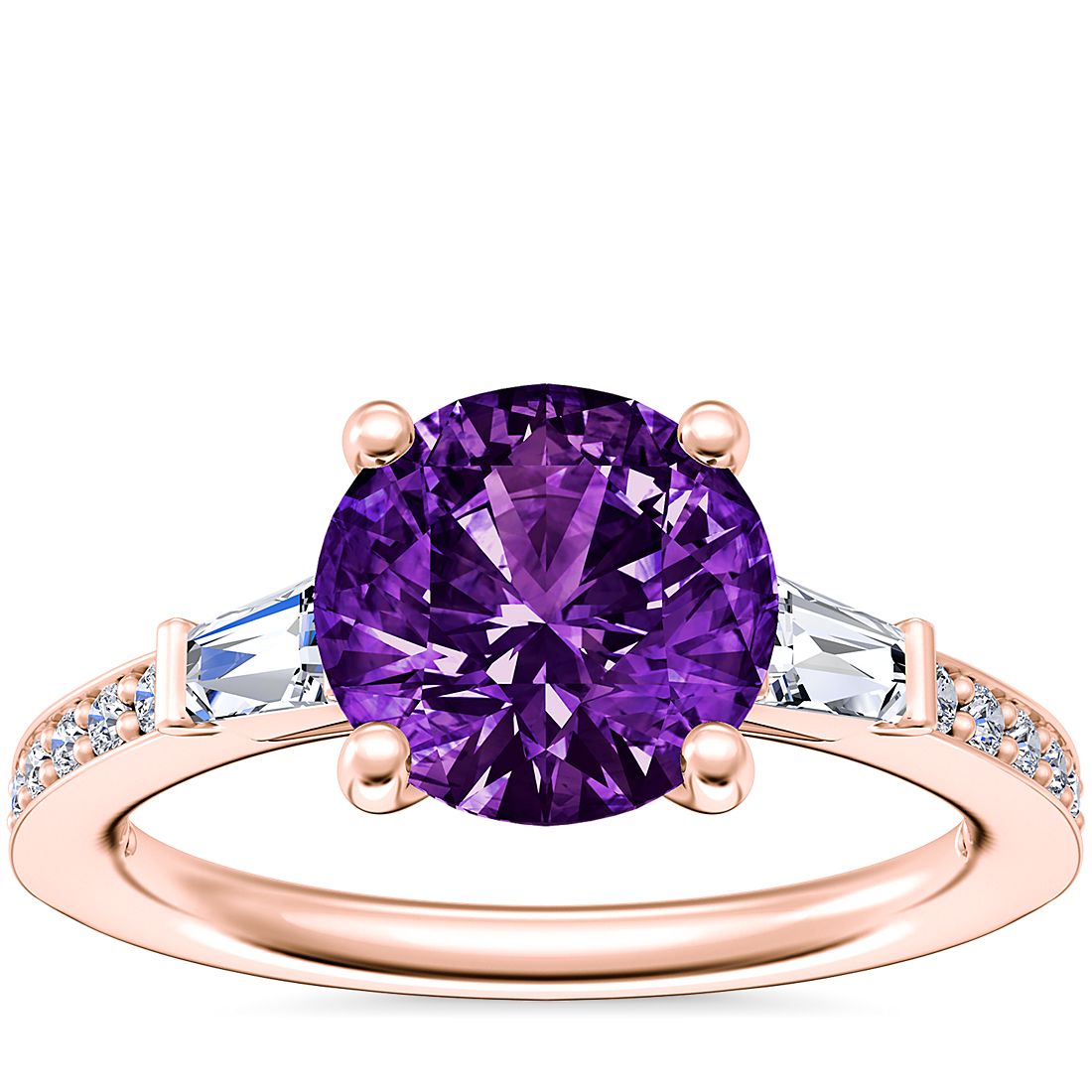 Tapered Baguette Diamond Cathedral Engagement Ring with Round Amethyst in 14k Rose Gold (8mm)